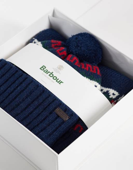Barbour Kane fairisle knitted pom pom beanie and scarf gift set in navy, 3 of 3