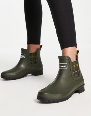 Barbour Kingham ankle welly boots with tartan lining in olive