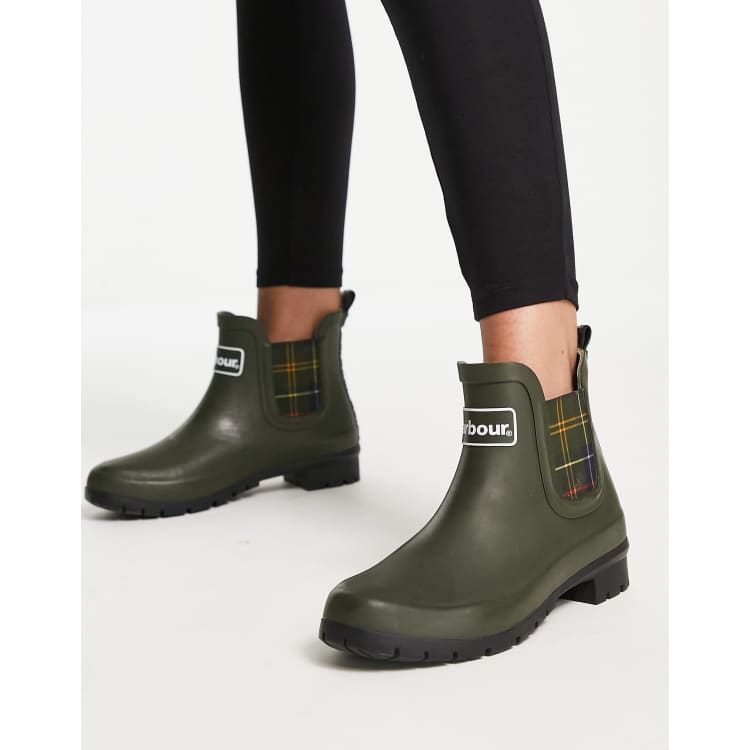 Barbour Kingham ankle welly boots with tartan lining in olive ASOS