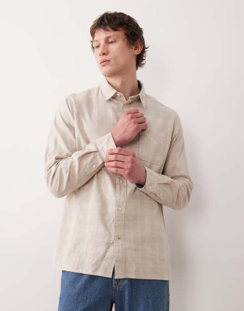 Barbour Kingswell long sleeve textured tartan relaxed shirt in light stone - view 1