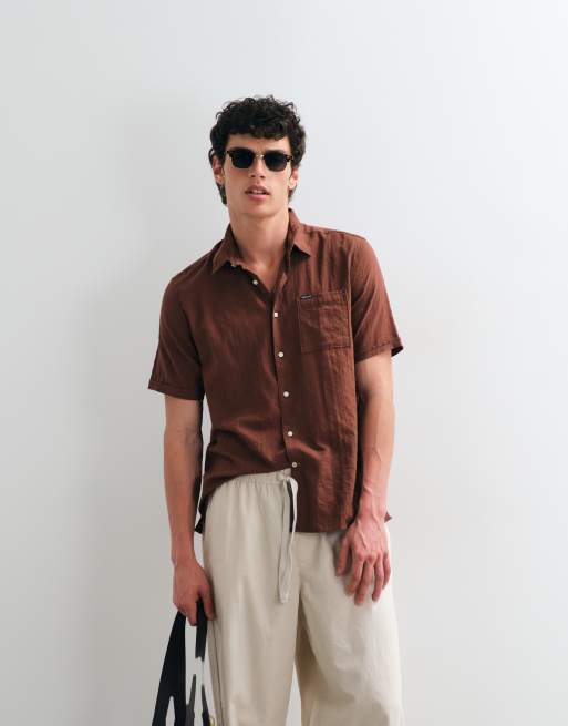 Barbour Kingswood short sleeve woven summer shirt in brown, 3 of 5