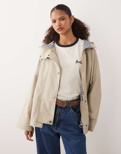 Barbour Kingswood showerproof funnel neck hooded gingham lined jacket in beige , 3 of 4