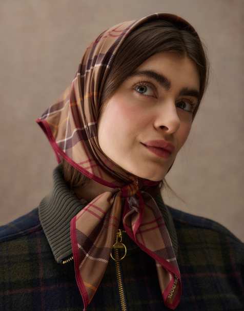 Barbour Kinsale tartan check head/neck scarf in green/beige - view 1