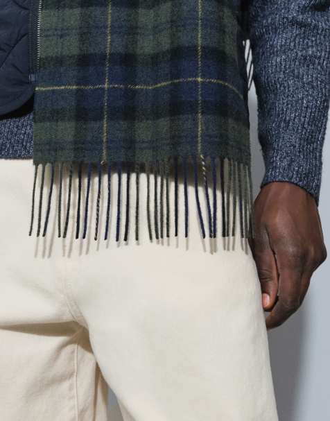 Barbour knitted lambswool tartan check scarf in navy/green