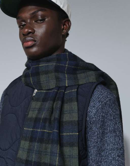 Barbour knitted lambswool tartan check scarf in navy/green, 3 of 3