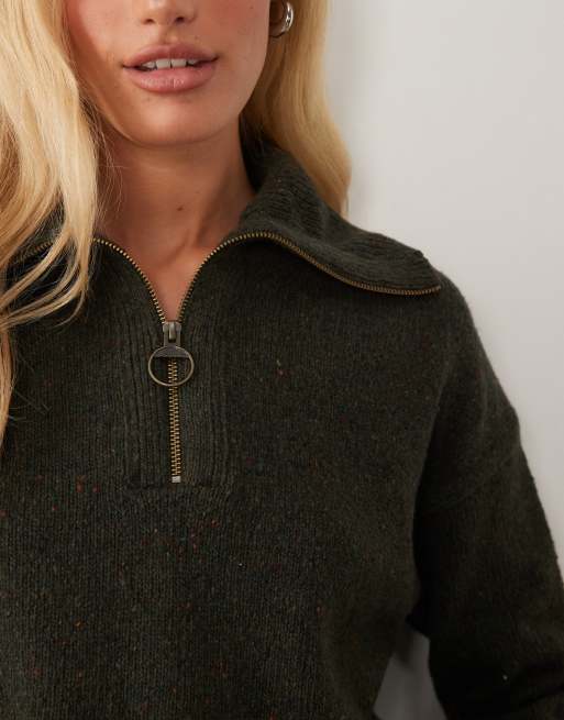 Barbour Lavensale half zip fleck knitted jumper in dark olive green, 3 of 5
