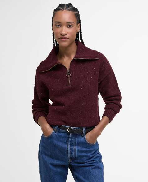 Barbour Lavensdale half zip knitted jumper in black cherry - view 1