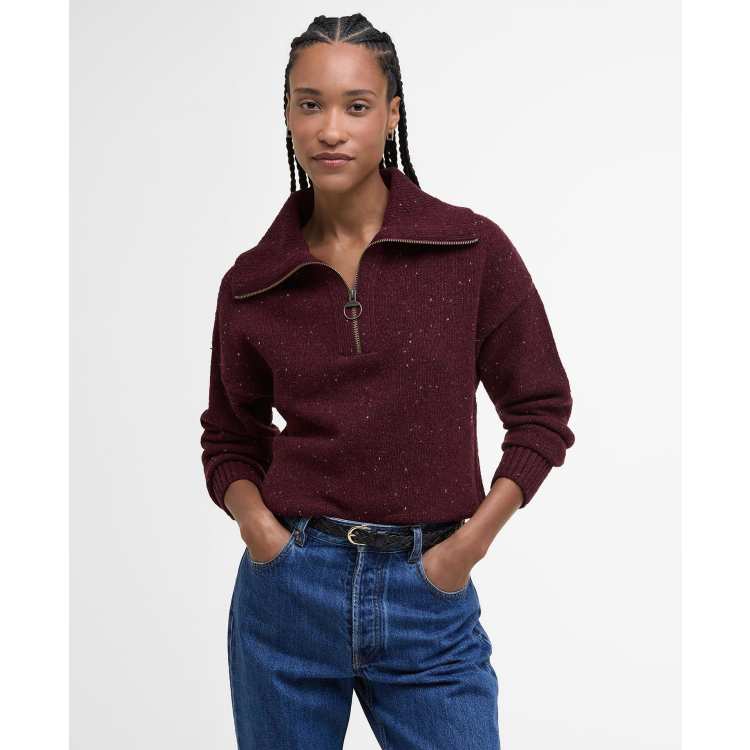 Barbour Lavensdale half zip knitted jumper in black cherry | ASOS