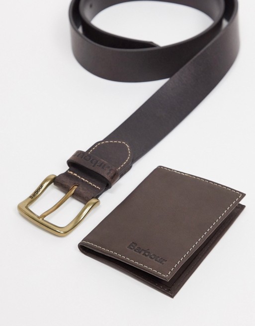 Barbour leather belt & billfold wallet gift set in brown