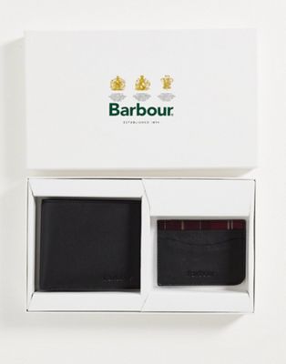 Barbour leather wallet/card holder gift set with tartan trims in black