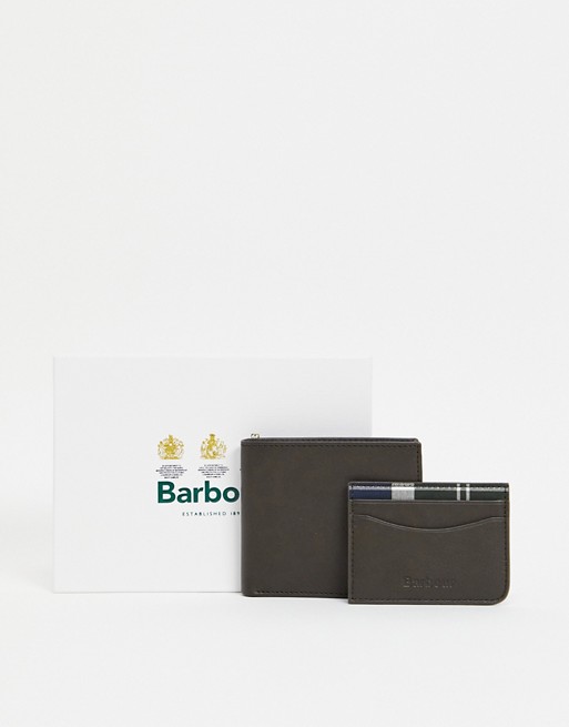 Barbour leather wallet/card holder set in olive