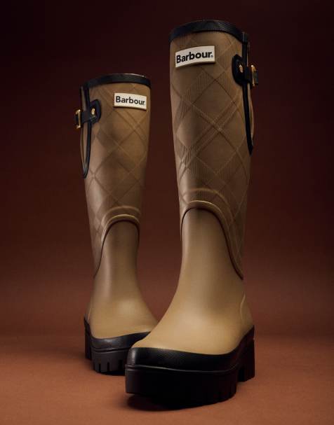 Barbour Leigton tartan tall welly boot in beige - view 1