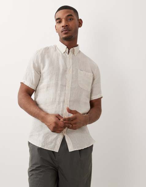 Barbour Linton short sleeve linen tailored logo shirt in beige