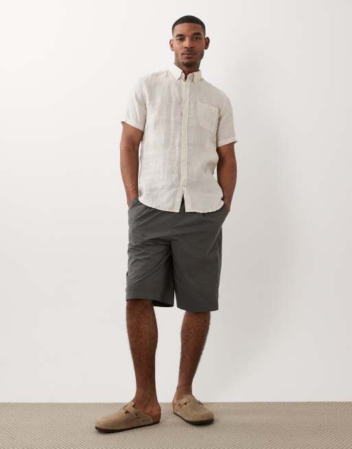 Barbour Linton short sleeve linen tailored logo shirt in beige, 3 of 5
