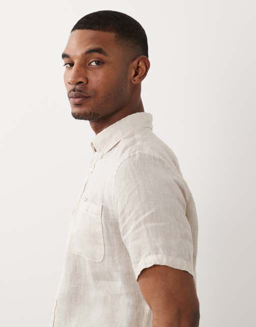 Barbour Linton short sleeve linen tailored logo shirt in beige, 4 of 5
