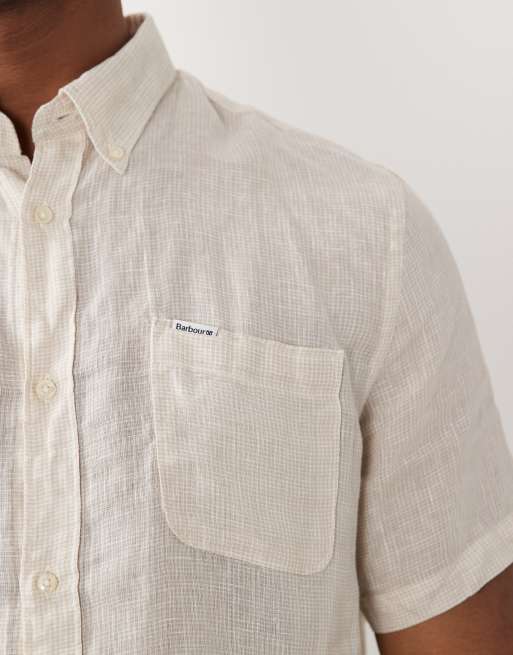 Barbour Linton short sleeve linen tailored logo shirt in beige, 5 of 5