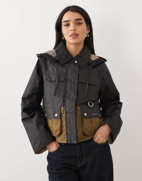 Barbour Liza short hooded wax jacket in black