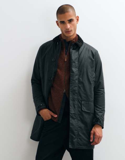 Barbour long wax mac jacket in green - view 1