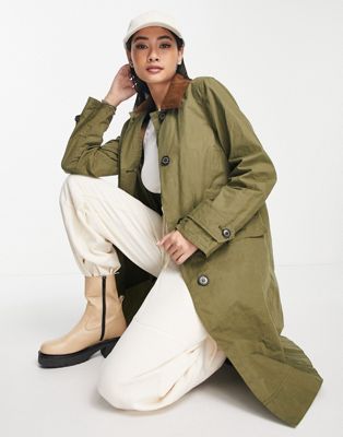Barbour longline jacket with button and cord collar detail in olive green