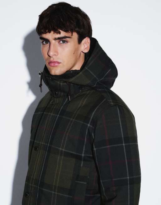 Barbour Lonnen tartan check waterproof hooded long jacket in navy/green, 3 of 5