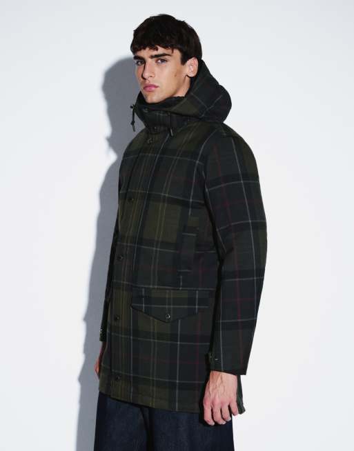 Barbour Lonnen tartan check waterproof hooded long jacket in navy/green, 5 of 5