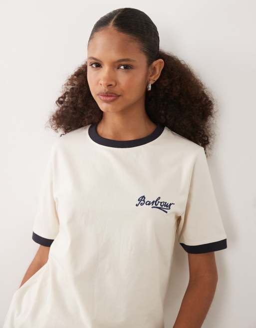 Barbour Madeline short sleeve logo contrast t-shirt in ecru and navy, 2 of 4