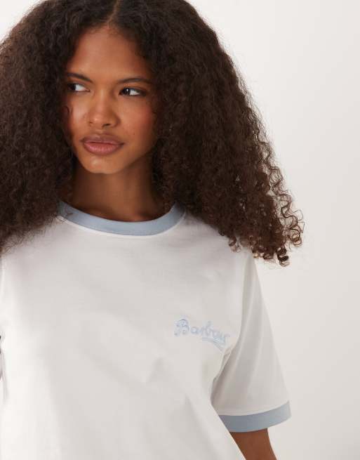 Barbour Madeline short sleeve logo contrast t-shirt in white and blue, 2 of 4