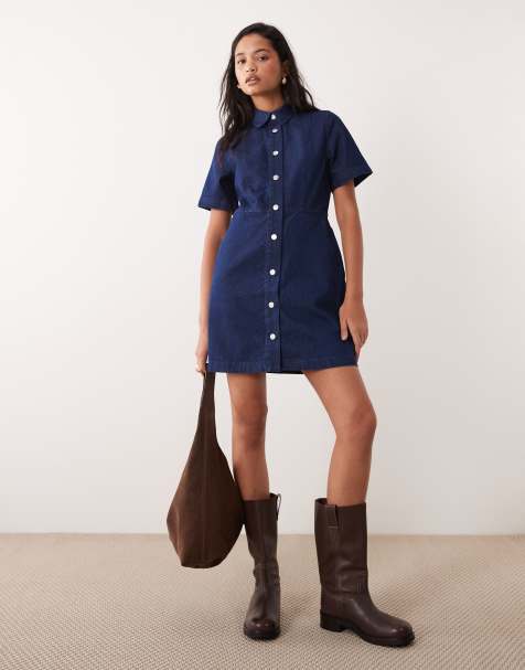 Barbour Maia button through collared denim mini dress in dark wash blue - view 1