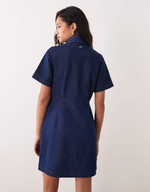 Barbour Maia button through collared denim mini dress in dark wash blue, 3 of 4