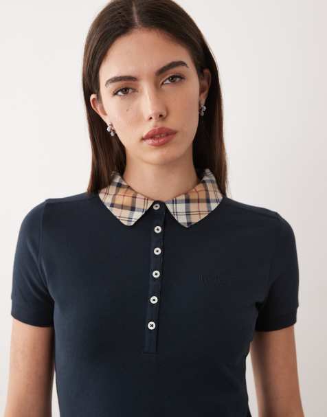 Barbour Malvern slim fit polo top with tartan collar in navy