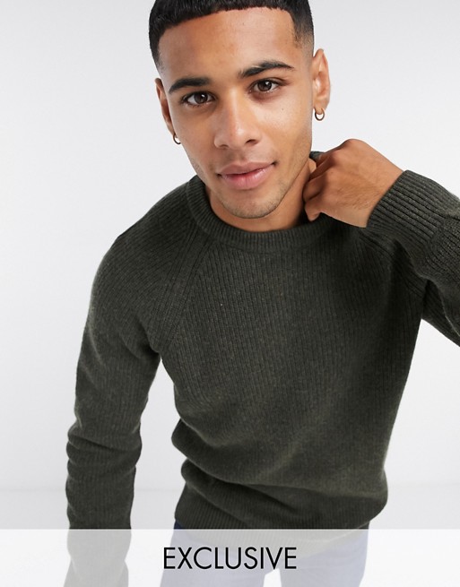 Barbour Manor crew neck wool jumper in olive Exclusive at ASOS