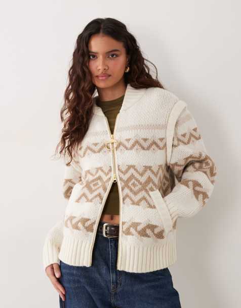 Barbour Maplewood zip through fairisle stripe knitted cardigan in white/brown - view 1