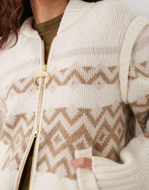 Barbour Maplewood zip through fairisle stripe knitted cardigan in white/brown, 2 of 4