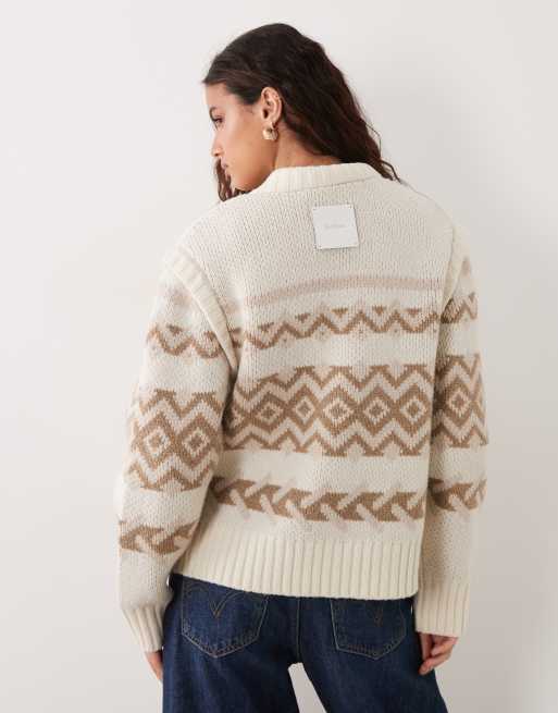 Barbour Maplewood zip through fairisle stripe knitted cardigan in white/brown, 4 of 4