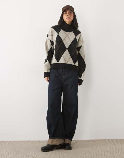 Barbour Marlow high neck argyle knitted jumper in black/white - view 1