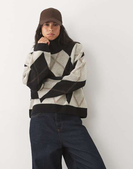 Barbour Marlow high neck argyle knitted jumper in black/white, 2 of 4
