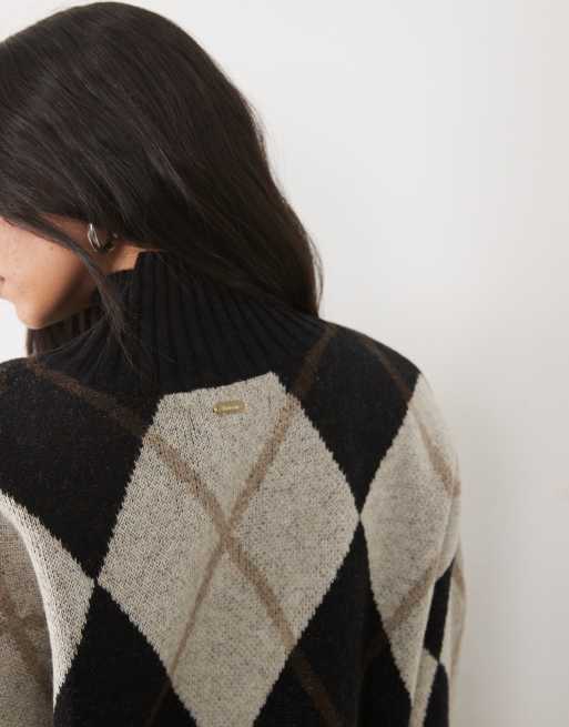 Barbour Marlow high neck argyle knitted jumper in black/white, 3 of 4