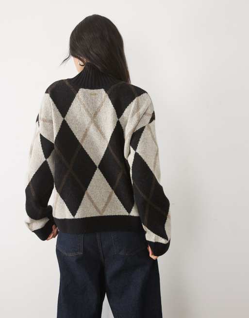 Barbour Marlow high neck argyle knitted jumper in black/white, 4 of 4