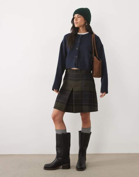 Barbour Marlow pleated tartan check wool mini skirt in navy/green - view 1