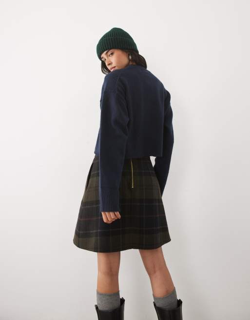 Barbour Marlow pleated tartan check wool mini skirt in navy/green, 3 of 5