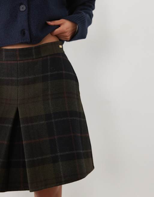 Barbour Marlow pleated tartan check wool mini skirt in navy/green, 4 of 5