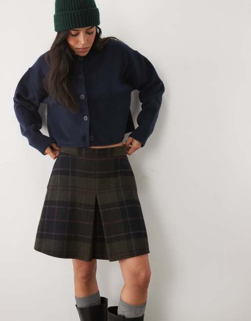 Barbour Marlow pleated tartan check wool mini skirt in navy/green, 5 of 5