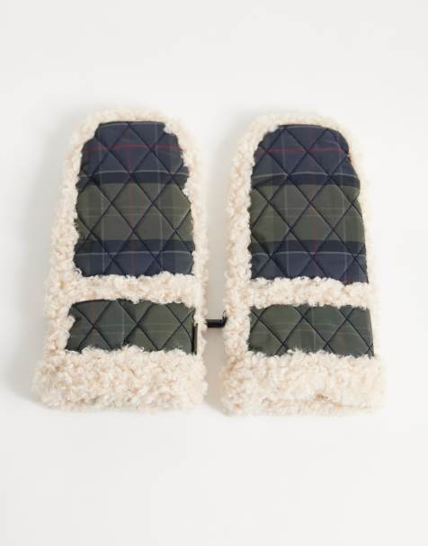 Barbour Marnie waterproof tartan check mittens with faux fur trim in green - view 1