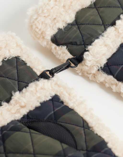 Barbour Marnie waterproof tartan check mittens with faux fur trim in green, 2 of 3