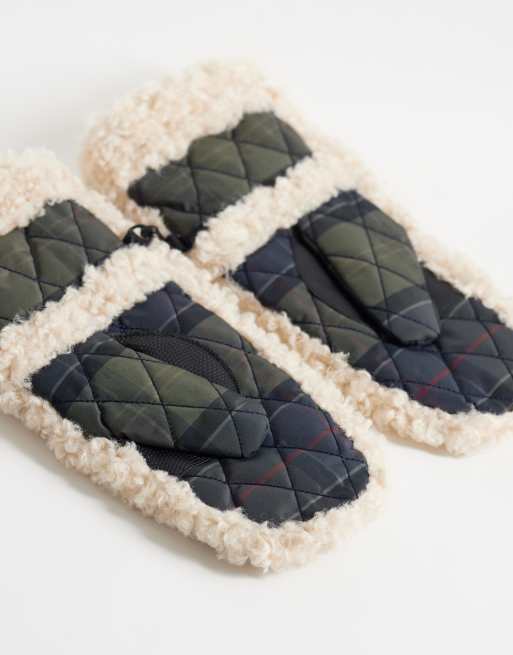 Barbour Marnie waterproof tartan check mittens with faux fur trim in green, 3 of 3