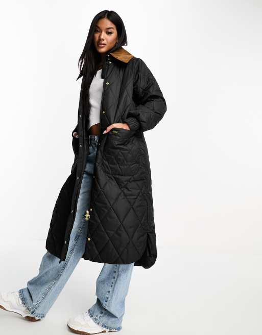 Barbour Marsett quilted button up long jacket in black, 4 of 4