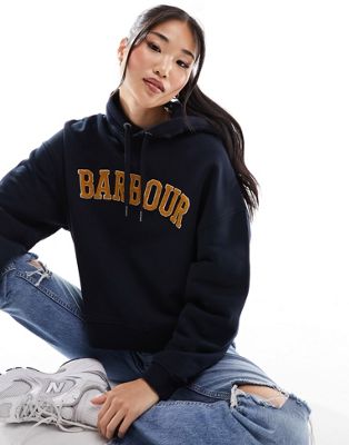 Barbour Mayfield logo boxy hoodie in navy - ASOS Price Checker