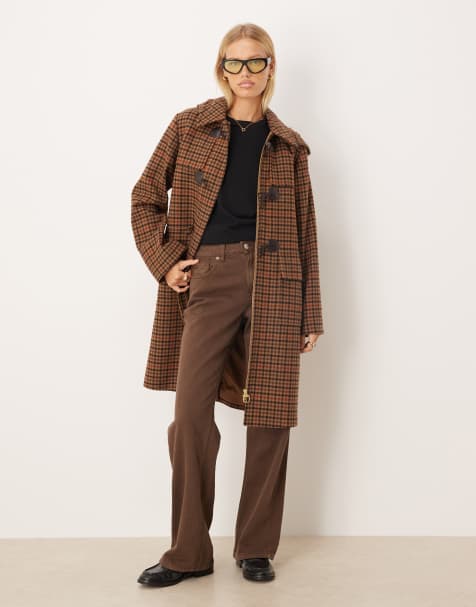 Barbour Melody check wool duffle coat in brown/orange check/hessian tartan - view 1