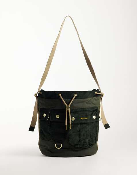 Barbour Mia wax and corduroy drawstring bag with strap in moss green - view 1