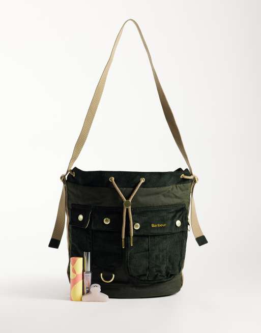 Barbour Mia wax and corduroy drawstring bag with strap in moss green, 2 of 4